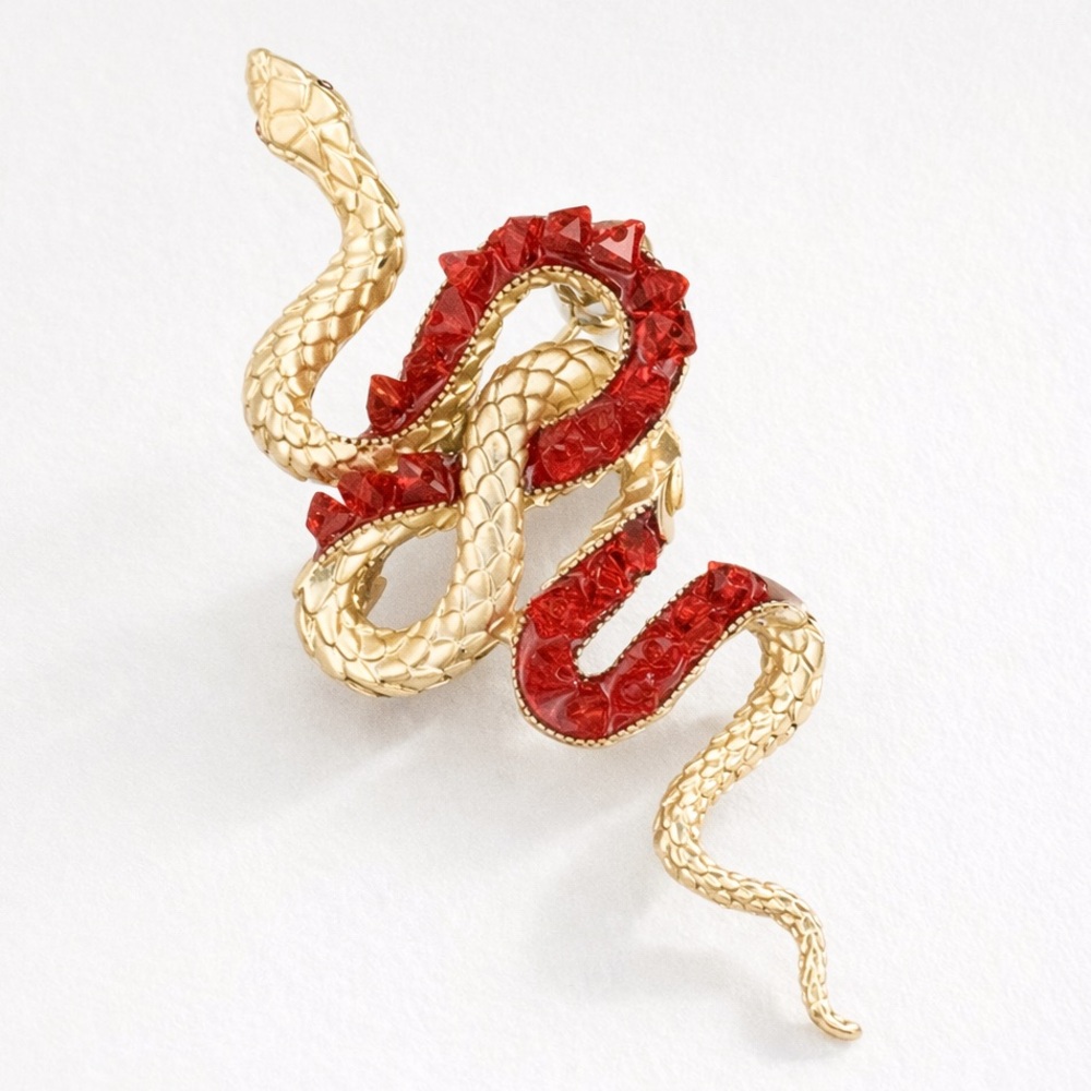 Red Crystal Snake Brooch – Gold-Tone Serpent Statement Pin